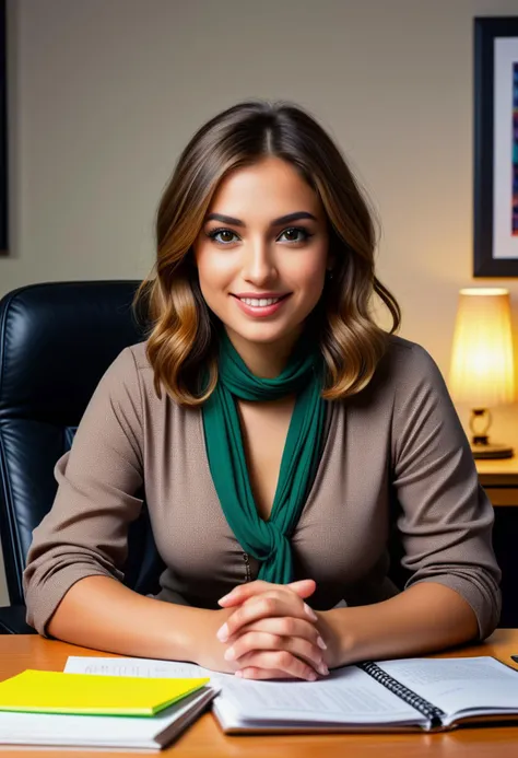 (medium full shot) of (refined office secretary) young woman, arabian, green eyes, tan skin, curvy, neat bob hair, wearing a classic black  patterned blouse, knee-length skirt, heeled ankle boots, silk scarf, lightly defined eyebrows, smiling at the viewer,  set in  Cubicle at work office, Personalized space with family photos on the desk, a cozy armchair for guests, a coffee mug filled with pens, a bulletin board covered in post-it notes, a desk lamp casting a warm glow, at night, ,Masterpiece,best quality, photorealistic, amazing quality, very aesthetic, extremely detailed face,