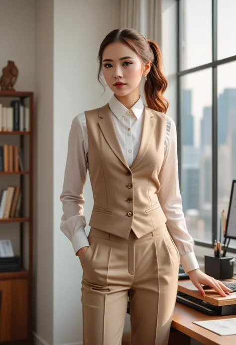 (medium full shot) of (gorgeous office secretary) young woman, chinese, dark eyes, fair skin, tan skin, hazel eyes, tiny build, long red pigtails hair,  wearing a beige  tailored vest over a blouse, high-waisted trousers, classic oxford shoes, simple stud earrings, subtle eyeshadow, set in  a spacious corner office with large windows, filled with natural light, elegant furniture, and organized shelves, exuding an air of sophistication and efficiency, at sunset, surprised, open mouth, running toward the viewer, Masterpiece,best quality, photorealistic, amazing quality, very aesthetic, extremely detailed face,