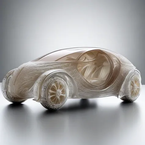 Futuristic car by Rene Lalique, (solidifying:1.61), very detailed, intricate, product shot, photograph, studio lighting, concept art, isolated, neutral background, neutral surroundings