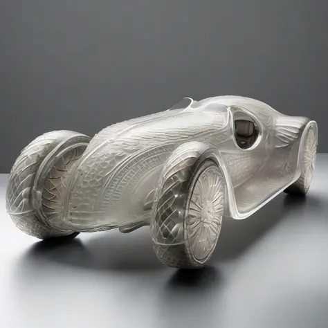 Futuristic car by Rene Lalique, (solidifying:1.61), very detailed, intricate, product shot, photograph, studio lighting, concept art, isolated, neutral background, neutral surroundings