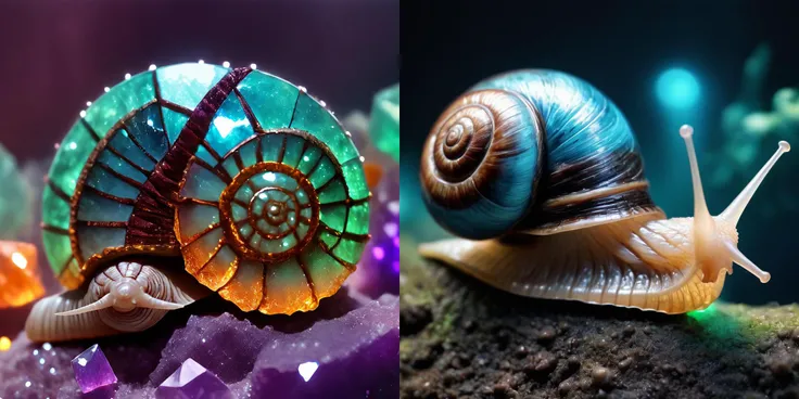 kcrstal17xl analog realistic Symbolism colour photo of a snail with bioluminescent shell, very detailed, award-winning
