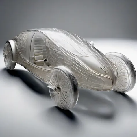 Futuristic car by Rene Lalique, (solidifying:1.61), very detailed, intricate, product shot, photograph, studio lighting, concept art, isolated, neutral background, neutral surroundings