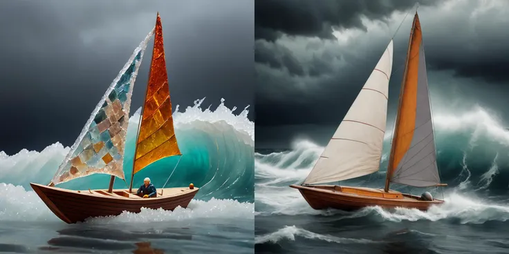 kcrstal17xl analog realistic Cubism colour photo of a sailing dinghy in a stormy ocean, very detailed, award-winning