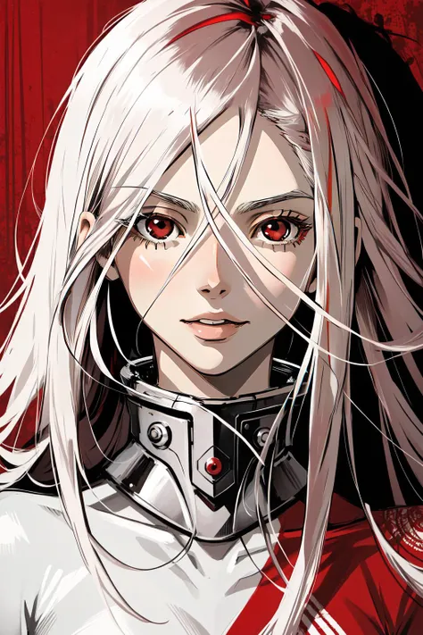 (masterpiece, best quality), intricate details,
1girl, <lora:deadmanshiro-lora-nochekaiser:0.8> deadman shiro, albino, hair between eyes, long hair, (red eyes:1.5), white hair,, bodysuit, collar, skin tight,