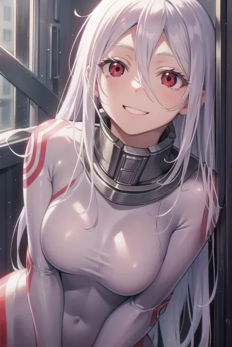 deadmanshiro, <lora:deadmanshiro-lora-nochekaiser:1>,
deadman shiro, albino, hair between eyes, long hair, (red eyes:1.5), white hair, smile, grin,
BREAK bodysuit, collar, skin tight,
BREAK looking at viewer,
BREAK indoors, prison, prison cell,
BREAK <lyco:GoodHands-beta2:1>, (masterpiece:1.2), best quality, high resolution, unity 8k wallpaper, (illustration:0.8), (beautiful detailed eyes:1.6), extremely detailed face, perfect lighting, extremely detailed CG, (perfect hands, perfect anatomy),