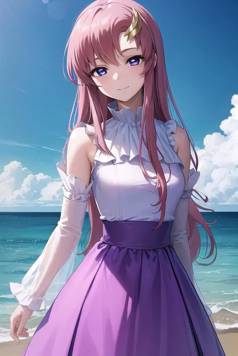 lacusclyne, <lyco:lacusclyne-lyco-nochekaiser:1>,
lacus clyne, (purple eyes:1.1), hair ornament, long hair, wave hair ornament, pink hair, <lora:nikkori_v200:1>, smile,
BREAK dress, long dress, long sleeves, white sleeves, frills frilled skirt, frilled sleeves, detached sleeves, bare shoulders, purple skirt, purple frills,
BREAK looking at viewer, (cowboy shot:1.5),
BREAK outdoors, space, star \(sky\), sun, 
BREAK <lyco:GoodHands-beta2:1>, (masterpiece:1.2), best quality, high resolution, unity 8k wallpaper, (illustration:0.8), (beautiful detailed eyes:1.6), extremely detailed face, perfect lighting, extremely detailed CG, (perfect hands, perfect anatomy),