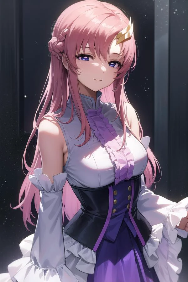 lacusclyne, <lyco:lacusclyne-lyco-nochekaiser:1>,
lacus clyne, (purple eyes:1.1), hair ornament, long hair, wave hair ornament, pink hair, <lora:nikkori_v200:1>, smile,
BREAK dress, long dress, long sleeves, white sleeves, frills frilled skirt, frilled sleeves, detached sleeves, bare shoulders, purple skirt, purple frills,
BREAK looking at viewer, (cowboy shot:1.5),
BREAK outdoors, space, star \(sky\), sun,
BREAK <lyco:GoodHands-beta2:1>, (masterpiece:1.2), best quality, high resolution, unity 8k wallpaper, (illustration:0.8), (beautiful detailed eyes:1.6), extremely detailed face, perfect lighting, extremely detailed CG, (perfect hands, perfect anatomy),