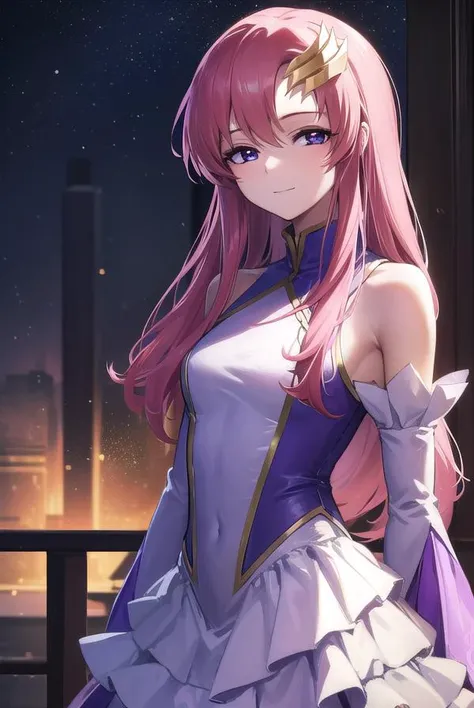 lacusclyne, <lyco:lacusclyne-lyco-nochekaiser:1>,
lacus clyne, (purple eyes:1.1), hair ornament, long hair, wave hair ornament, pink hair, <lora:nikkori_v200:1>, smile,
BREAK dress, long dress, long sleeves, white sleeves, frills frilled skirt, frilled sleeves, detached sleeves, bare shoulders, purple skirt, purple frills,
BREAK looking at viewer, (cowboy shot:1.5),
BREAK outdoors, space, star \(sky\), sun, 
BREAK <lyco:GoodHands-beta2:1>, (masterpiece:1.2), best quality, high resolution, unity 8k wallpaper, (illustration:0.8), (beautiful detailed eyes:1.6), extremely detailed face, perfect lighting, extremely detailed CG, (perfect hands, perfect anatomy),