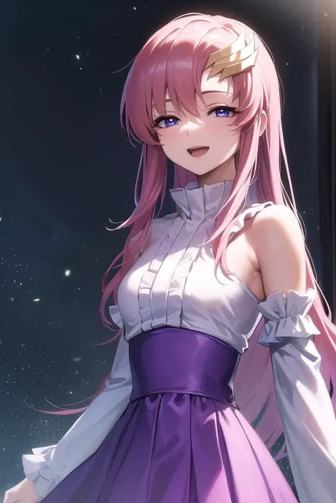 lacusclyne, <lyco:lacusclyne-lyco-nochekaiser:1>,
lacus clyne, (purple eyes:1.1), hair ornament, long hair, wave hair ornament, pink hair, <lora:nikkori_v200:1>, smile, open mouth,
BREAK dress, long dress, long sleeves, white sleeves, frills frilled skirt, frilled sleeves, detached sleeves, bare shoulders, purple skirt, purple frills,
BREAK looking at viewer, (cowboy shot:1.5),
BREAK outdoors, space, star \(sky\), sun, 
BREAK <lyco:GoodHands-beta2:1>, (masterpiece:1.2), best quality, high resolution, unity 8k wallpaper, (illustration:0.8), (beautiful detailed eyes:1.6), extremely detailed face, perfect lighting, extremely detailed CG, (perfect hands, perfect anatomy),