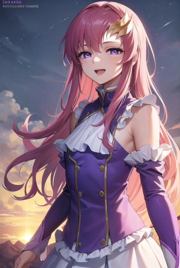 lacusclyne, <lyco:lacusclyne-lyco-nochekaiser:1>,
lacus clyne, (purple eyes:1.1), hair ornament, long hair, wave hair ornament, pink hair, <lora:nikkori_v200:1>, smile, open mouth,
BREAK dress, long dress, long sleeves, white sleeves, frills frilled skirt, frilled sleeves, detached sleeves, bare shoulders, purple skirt, purple frills,
BREAK looking at viewer, (cowboy shot:1.5),
BREAK outdoors, space, star \(sky\), sun,
BREAK <lyco:GoodHands-beta2:1>, (masterpiece:1.2), best quality, high resolution, unity 8k wallpaper, (illustration:0.8), (beautiful detailed eyes:1.6), extremely detailed face, perfect lighting, extremely detailed CG, (perfect hands, perfect anatomy),