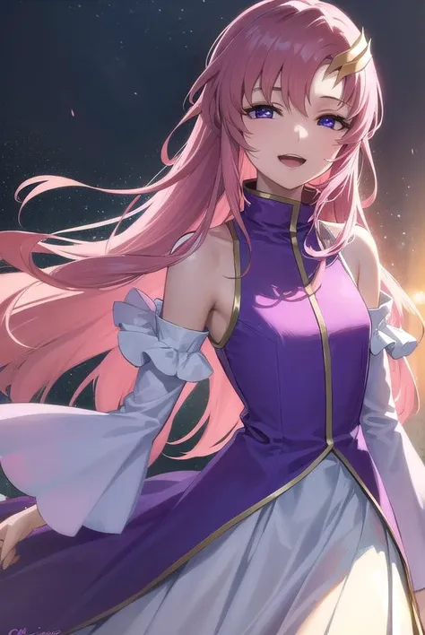 lacusclyne, <lyco:lacusclyne-lyco-nochekaiser:1>,
lacus clyne, (purple eyes:1.1), hair ornament, long hair, wave hair ornament, pink hair, <lora:nikkori_v200:1>, smile, open mouth,
BREAK dress, long dress, long sleeves, white sleeves, frills frilled skirt, frilled sleeves, detached sleeves, bare shoulders, purple skirt, purple frills,
BREAK looking at viewer, (cowboy shot:1.5),
BREAK outdoors, space, star \(sky\), sun, 
BREAK <lyco:GoodHands-beta2:1>, (masterpiece:1.2), best quality, high resolution, unity 8k wallpaper, (illustration:0.8), (beautiful detailed eyes:1.6), extremely detailed face, perfect lighting, extremely detailed CG, (perfect hands, perfect anatomy),