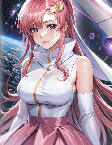 (masterpiece), (best quality), (ultra-detailed), (illustration), 
(NSFW:0.4), 1girl, solo,
  <lora:lacusclyne-lyco-nochekaiser:1>
lacus clyne, (purple eyes:1.1), wave hair ornament, pink hair, straight hair,
 <lora:GUNDAMSEED_lacusClyne_02_v1:0.3>
lacus1, white detached sleeves, white dress, purple skirt, very long hair, bare shoulders, 
(large breasts), 
(detailed outer spaces background:1.2), (skinny fit), (looking at viewer),
SHARP, (highres), (HIGH DETAIL:1.2), finely detailed, soft lighting, beautiful detailed glow,