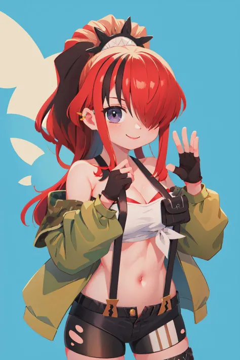 (masterpiece, best quality:1.2), solo, 1girl, lain peterson, smile, looking at viewer, hair over one eye, ponytail, green jacket, tube top, strapless, long sleeves, suspenders, black shorts, open fly, thigh strap, fingerless gloves, pouch, bare shoulders <lora:nijisanji_lainpeterson:1.0>