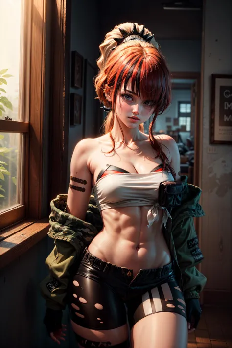 1girl,looking at viewer,tube top,strapless,hair over one eye,lain peterson,(ponytail:1.2),black shorts,thigh strap,fingerless gloves,bare shoulders,<lora:nijisanji_lainpeterson:1>,
BREAK (indoors:1.3),(room:1.3),(sunlight:1.1),(window:1.4),(Ultra-detail:1.1),(highres:1.1),best quality,(masterpiece:1.2),(cinematic lighting:1.1),