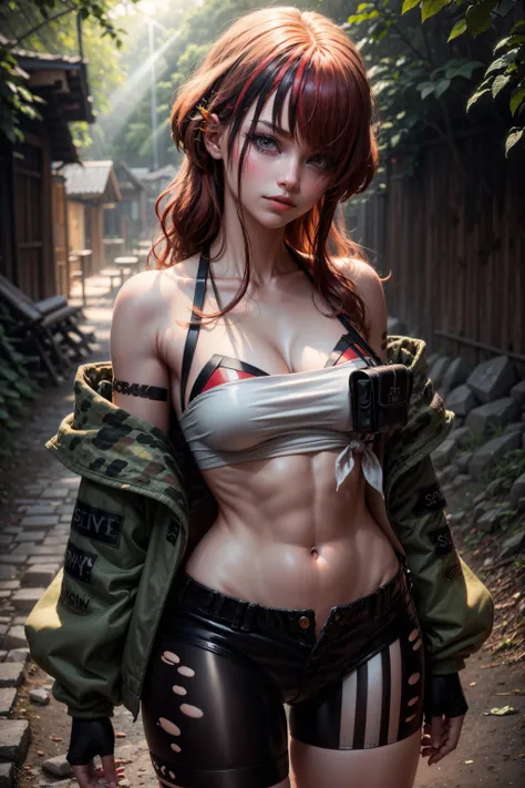 1girl,looking at viewer,tube top,strapless,hair over one eye,lain peterson,(ponytail:1.2),black shorts,thigh strap,fingerless gloves,bare shoulders,<lora:nijisanji_lainpeterson:1>,
BREAK (indoors:1.3),(room:1.3),(sunlight:1.1),(window:1.4),(Ultra-detail:1.1),(highres:1.1),best quality,(masterpiece:1.2),(cinematic lighting:1.1),