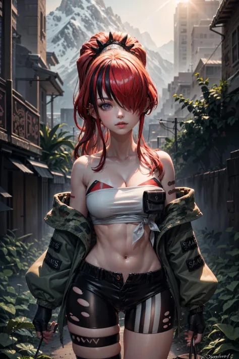 1girl,looking at viewer,tube top,strapless,hair over one eye,lain peterson,(ponytail:1.2),black shorts,thigh strap,fingerless gloves,bare shoulders,<lora:nijisanji_lainpeterson:1>,
BREAK (indoors:1.3),(room:1.3),(sunlight:1.1),(window:1.4),(Ultra-detail:1.1),(highres:1.1),best quality,(masterpiece:1.2),(cinematic lighting:1.1),