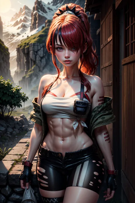 1girl,looking at viewer,tube top,strapless,hair over one eye,lain peterson,(ponytail:1.2),black shorts,thigh strap,fingerless gloves,bare shoulders,<lora:nijisanji_lainpeterson:1>,
BREAK (indoors:1.3),(room:1.3),(sunlight:1.1),(window:1.4),(Ultra-detail:1.1),(highres:1.1),best quality,(masterpiece:1.2),(cinematic lighting:1.1),