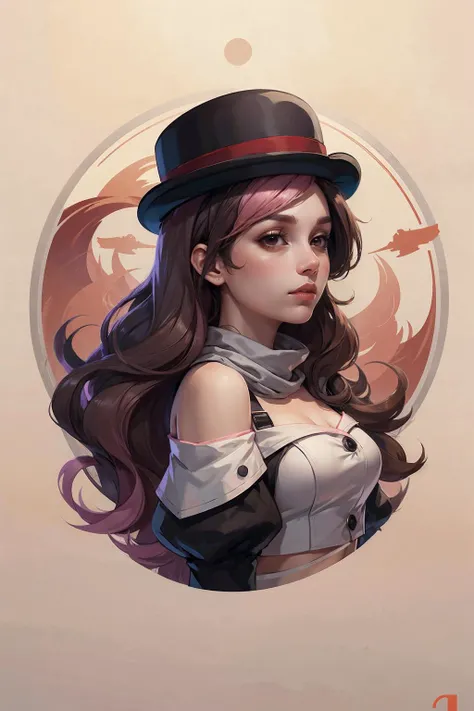 pink and brown hair, multicolored hair, neopolitanatlas, bowler hat, grey scarf, white gloves, white shirt, off-shoulder shirt, black sleeves, midriff, white belt, white pants,<lora:sprwbyNeopolitan-27:0.8>, in (Stickers style:1.3), cinematic lighting,<lora:logo&icon1.5v2:1> (logo, icon, circle frame:1.2)