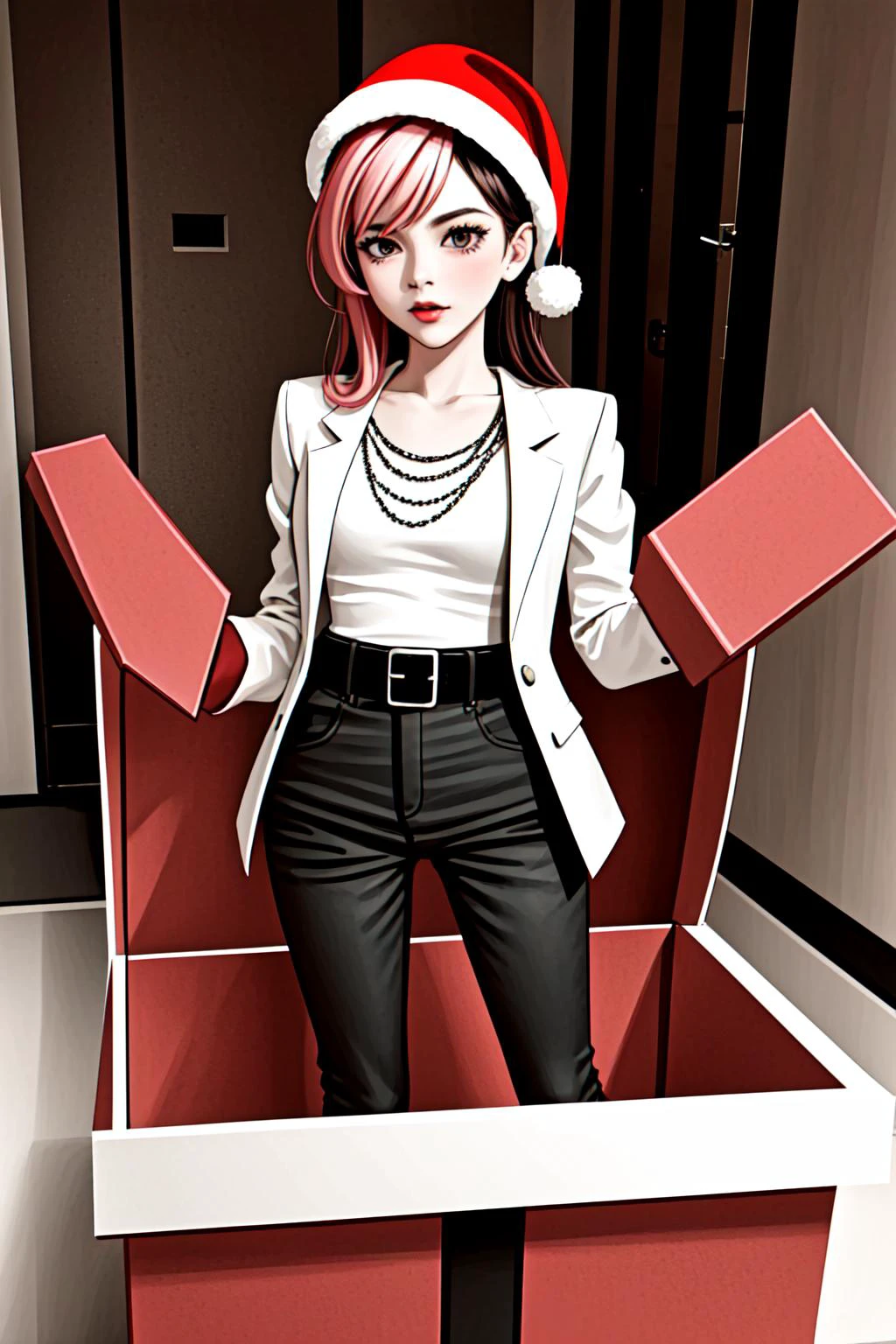 1 girl in a gift box, <lora:yomama_surprise_gift_v5-10:0.mama_surprise_gift_v5 <lora:LCM_LoRA_Weights_SD15:1> indoor, Christmas decoration <lora:sprwbyNeopolitan-27:0.8> neopolitandef, necklace, white jacket, leotard, black gloves, black pants, belt,