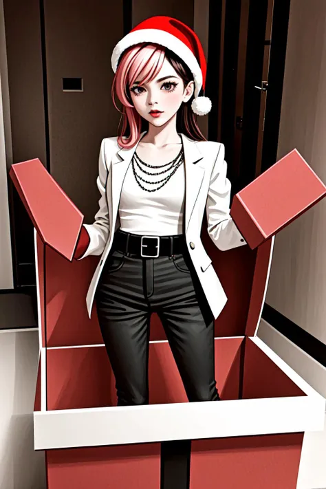 1 girl in a gift box,   <lora:yomama_surprise_gift_v5-10:0.****mama_surprise_gift_v5 <lora:LCM_LoRA_Weights_SD15:1> indoor, Christmas decoration <lora:sprwbyNeopolitan-27:0.8> neopolitandef, necklace, white jacket, leotard, black gloves, black pants, belt,