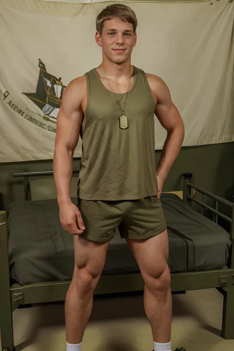 military barracks, standing beside army bed, standing at attention, slightly smiling, ClarkEckhart, military buzzcut haircut, wearing (drab olive green tank top), dogtags, (drab olive green sks shorts), drab olive green socks, (((full body portrait))), wide angle <lora:silkies:0.6> <lora:ClarkEckhart:0.8>