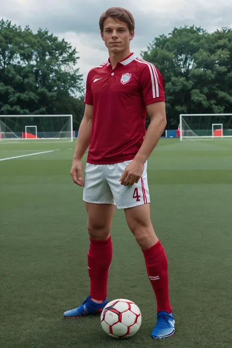 ((on a soccer field)), ClarkEckhart is a soccer player, slight smile, wearing red soccer uniform, white shorts, red socks, (shin guards), sneakers, soccer ball, (((full body portrait))), wide angle <lora:ClarkEckhart:0.8>