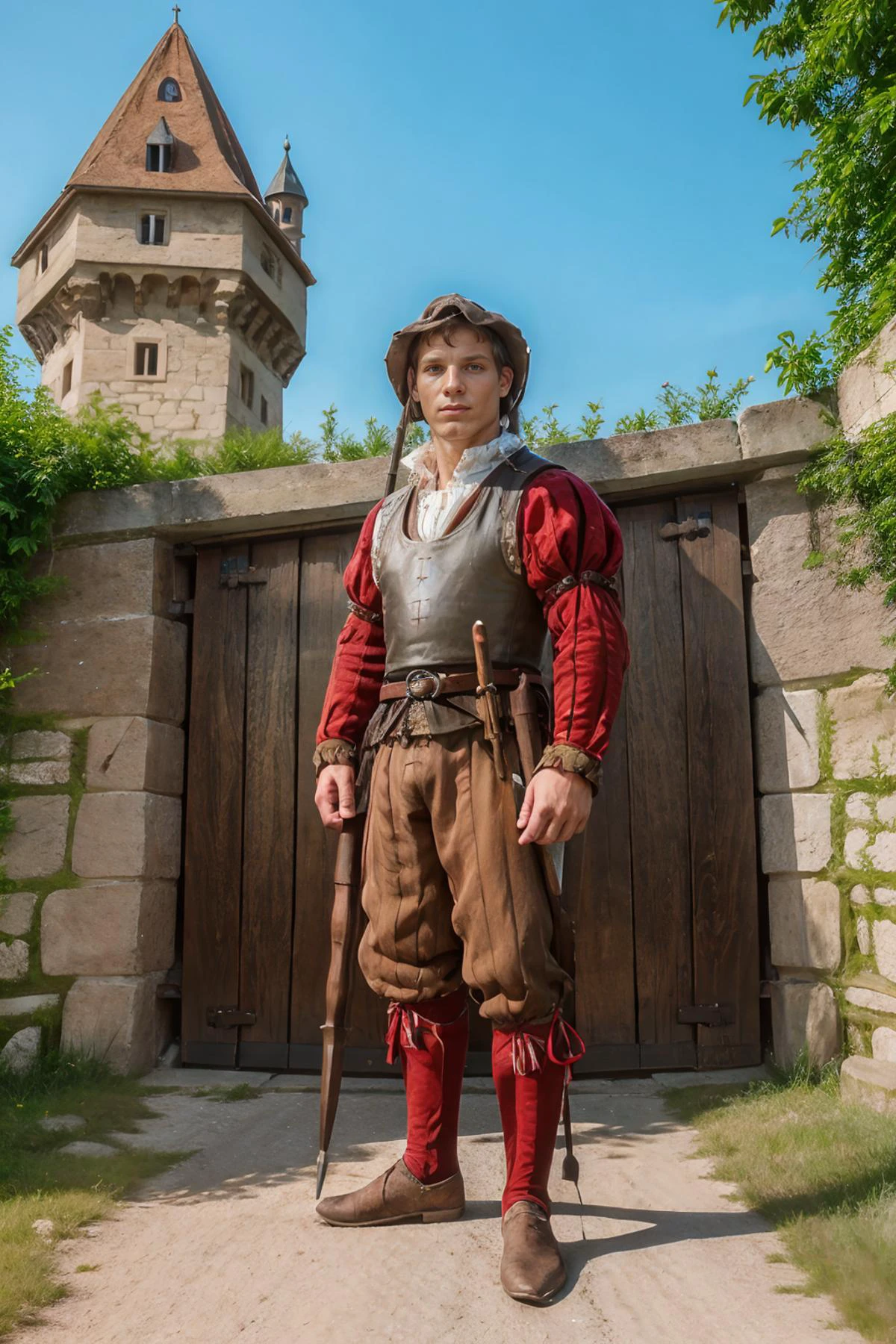 the gate of a medieval Austrian castle, standing guard, ClarkEckhart is a landsknecht, holding weapon, (((full body portrait))), wide angle, <lora:ClarkEckhart:0.8> <lora:Landsknecht:0.80>