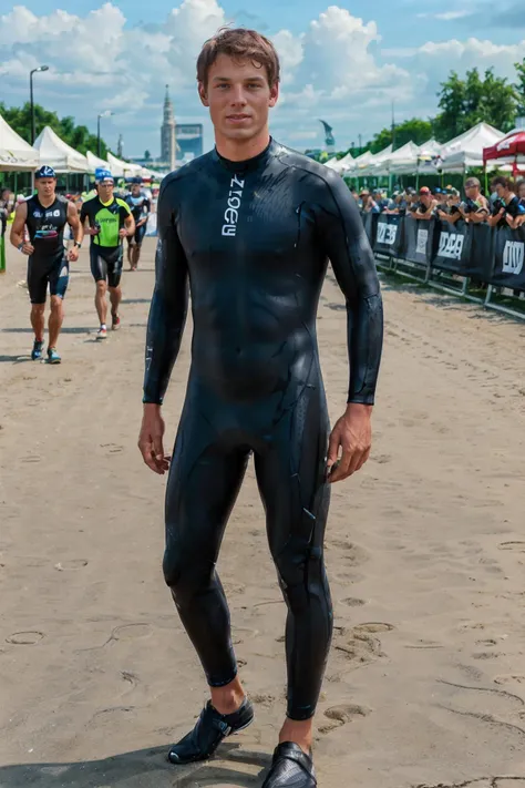 Bratislava triathlon race, running racecourse on street, sweaty and hot, ClarkEckhart is a triathlete, wearing neoprene wetsuit, sneakers, (((full body portrait))), wide angle <lora:ClarkEckhart:0.8> <lora:100_triathlon_wetsuits_v1:0.8>