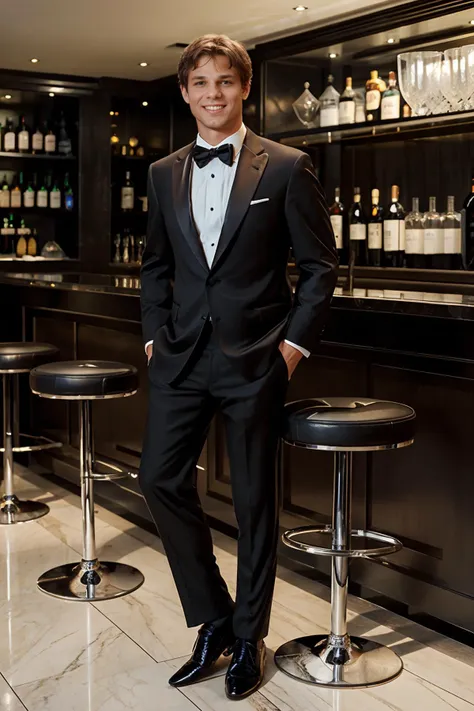 luxury restaurant bar, standing beside a bar stool, smiling, ClarkEckhart, wearing  black silk TUX3D0, black socks, black dress shoes, holding a martini, a martini glass, ((full body portrait)), wide angle   <lora:TUX_LoRA_V1:0.8>  <lora:ClarkEckhart:0.8>