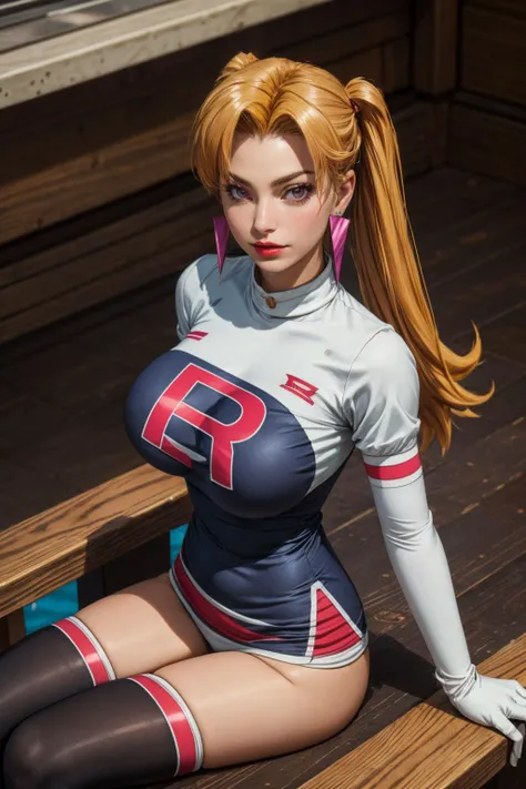 (ultra realistic,32k, masterpiece:1.2),(high detailed skin:1.1),( 8k uhd, dslr, high quality:1.1),
 <lora:CassidyPkmn:0.7>CassidyPkmn, 1girl, solo, breasts, thighhighs, gloves, dress, jewelry, earrings, elbow gloves, makeup, lipstick, clothes writing, oekaki, red lips, team rocket, team rocket uniform,(purple eyes:0.9), pigtails hair,, , <lora:add_detail:0.87>, (huge breast:1.1), 
(looking at viewer, sitting, from above:1.1),,
,(beautifully lit:1.1),blank background