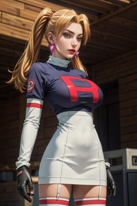 (ultra realistic,32k, masterpiece:1.2),(high detailed skin:1.1),( 8k uhd, dslr, high quality:1.1),
<lora:CassidyPkmn:0.7>CassidyPkmn, 1girl, solo, breasts, thighhighs, gloves, dress, jewelry, earrings, elbow gloves, makeup, lipstick, clothes writing, oekaki, red lips, team rocket, team rocket uniform,(purple eyes:0.9), pigtails hair,, , <lora:add_detail:0.89>, (huge breast:1.1),
(looking at viewer, standing, from below:1.1),,
,(neon light:1.1),blank background