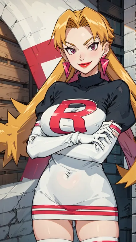 <lora:CassidyPkmn:0.7>, CassidyPkmn,1girl,solo,breasts,smile,large breasts,thighhighs,gloves,dress,jewelry,earrings,elbow gloves,makeup,crossed arms,lipstick,clothes writing,oekaki,red lips,team rocket,team rocket uniform,