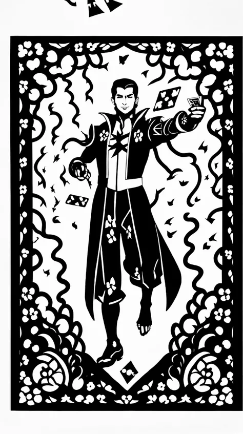 square shape, portrait, solo, (full body:0.6), detailed background, detailed face, (high fantasy medieval theme:1.1), smirk],  (card-wizard:1.05), swindler, Fuchsia magician outfit, dynamic pose, (cards floating in the air:1.15),  <lora:LightingVFX:0.2>, lightning in background,  ethereal atmosphere,, monochrome, papercutting, <lora:papercutting:1>