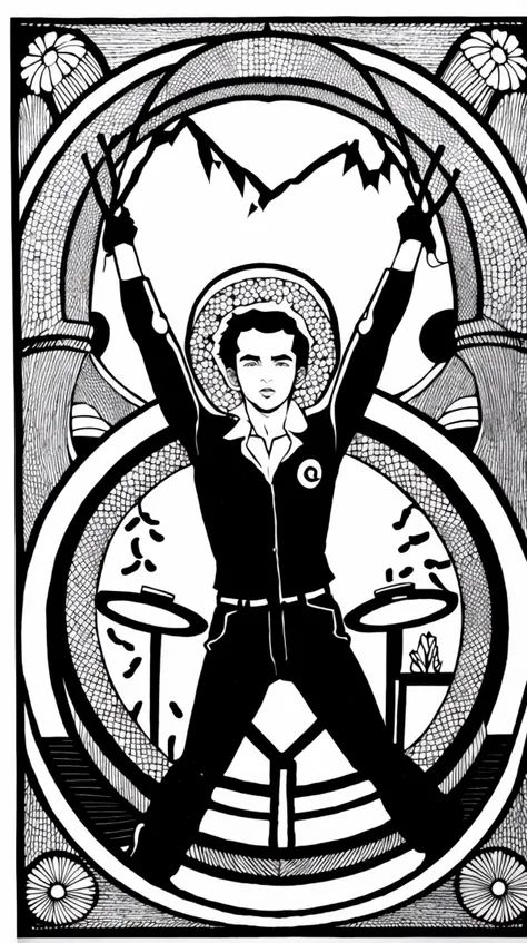 square shape, a young man with a goatee playing the drums, monochrome, papercutting, <lora:papercutting:1>