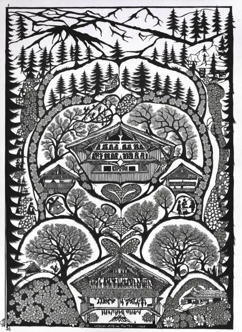 chalet in the middle surrounded by people, trees and flowers, mountains, monochrome, papercutting, in a square, detailed art <lora:papercutting:1>