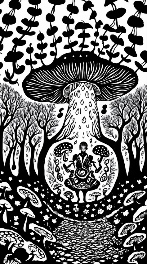 square shape, solo, (full body:0.6), looking down, detailed background, detailed face, (<lora:DruidMagicAI:0.5>, DruidMagicAI, druidic theme:1.1) smile, mushroom druid, sitting, (style-sylvamagic:0.8), (style-swirlmagic:0.8), highly detailed mushroom themed Gray clothing, swirling magical energy in the air, magical mushrooms, field of mushrooms, growth, mushroom garden in background, eerie dark night, blue magical lights, ethereal atmosphere,, monochrome, papercutting, <lora:papercutting:1>