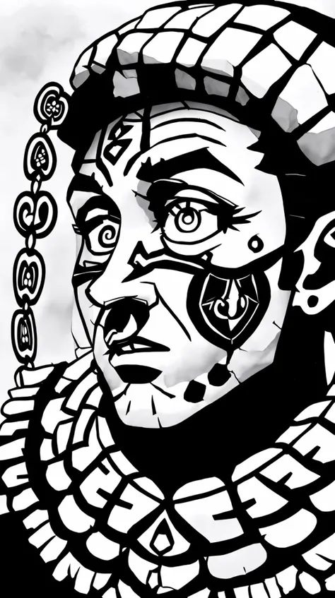 square shape, portrait, solo, half shot, detailed background, detailed face, (<lora:StonepunkAI:0.8>, stonepunkAI, stone theme:1.1), (glowing eyes:1.05), wise, white tribal markings, tribal geomancer shaman, mystical, Gray feathered clothes, beads, totem, obsidian, rock formations in background, ritual, whirlwind, ethereal atmosphere,, monochrome, papercutting, <lora:papercutting:1>