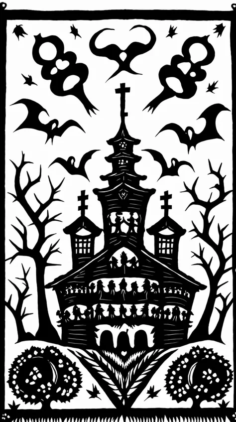 square shape, a haunted church in an overgrown graveyard, spectral choir singing a ghostly hymn, monochrome, papercutting, <lora:papercutting:1>