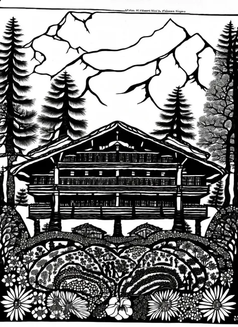 chalet in the middle surrounded by people, trees and flowers, mountains, monochrome, papercutting, in a square, detailed art <lora:papercutting:1>