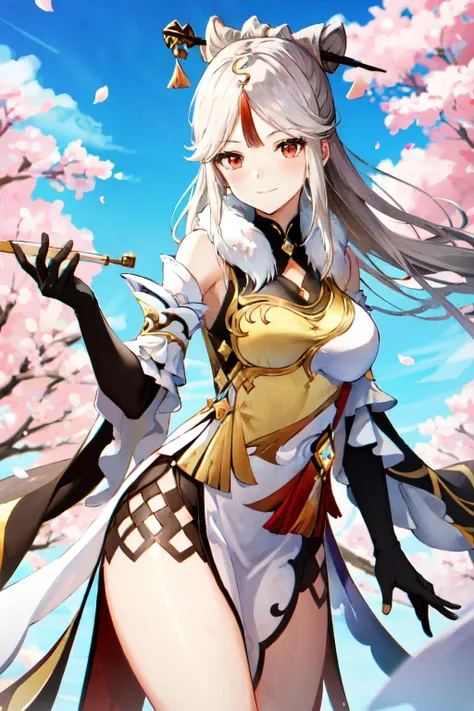 <lora:ningguang:1>ningguang(genshin impact), 1girl, bare shoulders, black gloves, blurry, blush, cherry blossoms, china dress, chinese clothes, claw ring, closed mouth, dress, elbow gloves, frilled sleeves, frills, fur collar, gloves, hair ornament, hair stick, hairpin, holding, holding smoking pipe, large breasts, long hair, looking at viewer, outdoors, parted bangs, pelvic curtain, petals, red eyes, sidelocks, smile, smoking pipe, solo, tassel, thighs, tree, very long hair, white dress, white hair