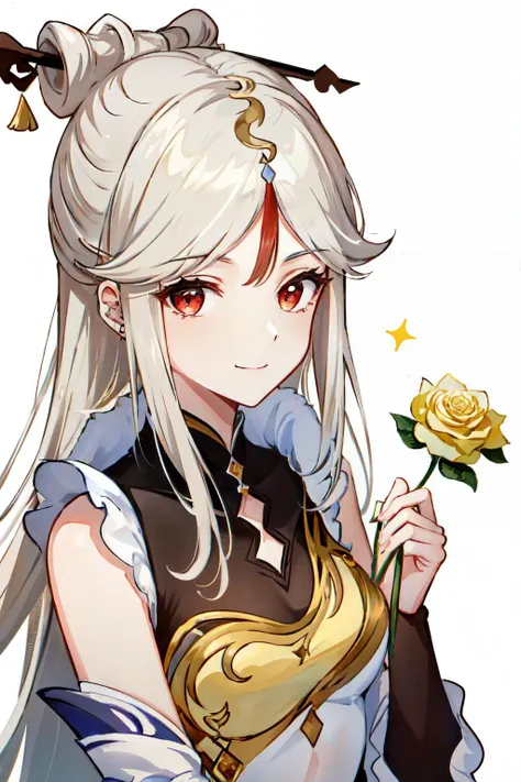 <lora:ningguang:1>ningguang(genshin impact), 1girl, flower, hair ornament, hair stick, hairpin, long hair, looking at viewer, parted bangs, piercing, red eyes, red rose, simple background, smile, solo focus, white background, white hair