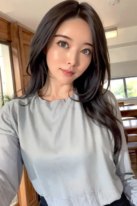 (masterpiece:1.4),(best quality:1.4),photorealistic,8K,RAW photo,ultra highres,extremely detailed eyes and face,extremely detailed,absurdres,Professional,colorful,wallpaper,1girl,sledner,looking at viewer,skinny,yang lady,indoors,upper body,skirt,pants,aizawa minami,<lora:aizawa2023:0.8>,((slim face)),bangs,