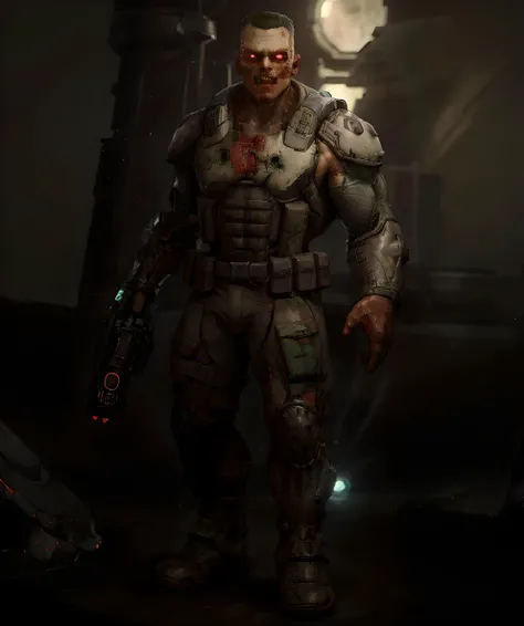 zombie_soldier, standing, looking at viewer, sci-fi, bright light, outdoor <lora:Zombie_Soldier-15:0.85>