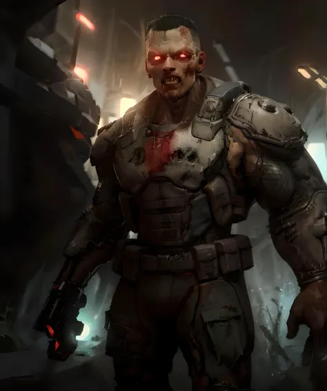 zombie_soldier, standing, looking at viewer, sci-fi, bright light, outdoor <lora:Zombie_Soldier-15:0.85>