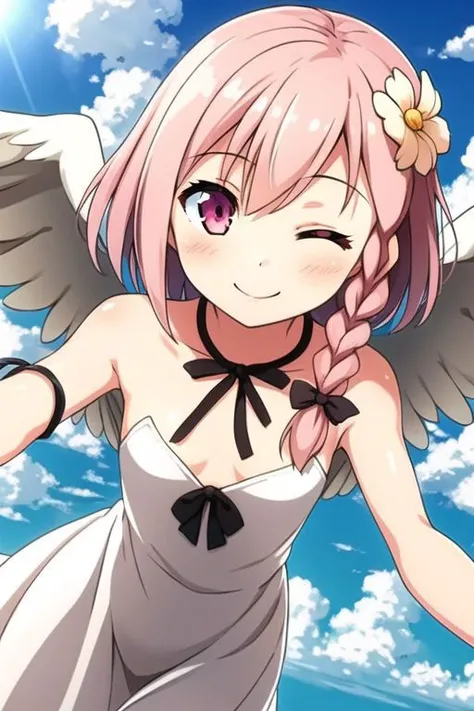 <lora:yua2:0.55> yua, pink_eyes, 1girl, braid, single braid, hair flower, small breasts, white dress, angel wings, one eye closed, smile, cloud, sky, flying,