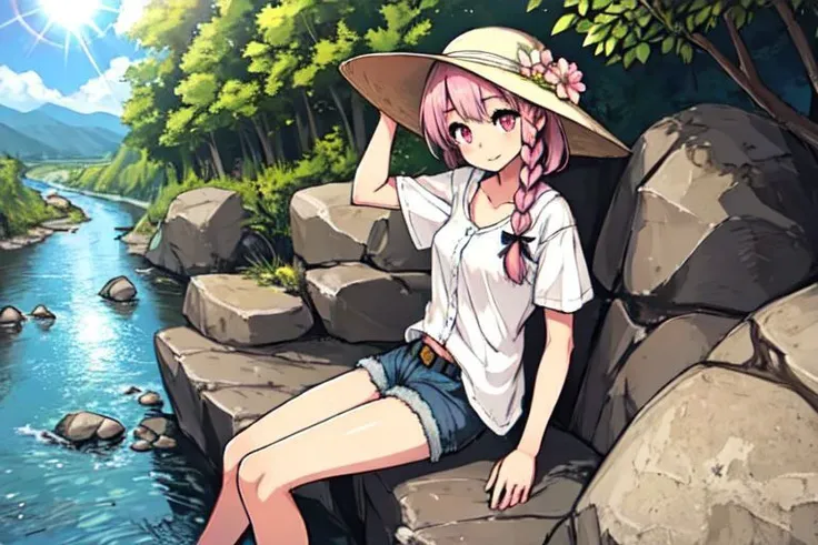 <lora:yua2:0.55> yua, 1girl, pink eyes, braid, single braid, hair flower, small breasts, denim shorts, white shirt, sun hat, rock, river, cliff, sunlight, (cloud:0.9),