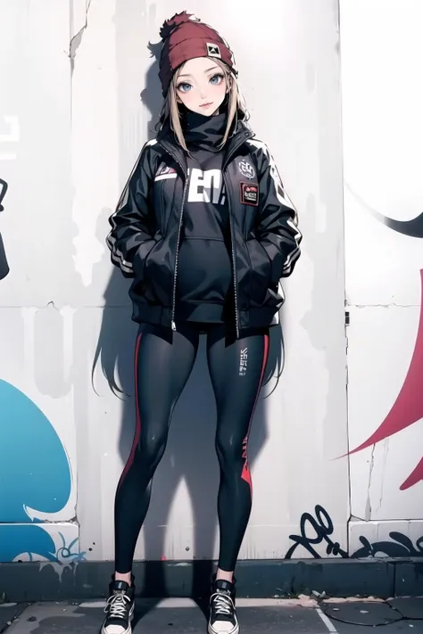 (masterpiece, best quality), (graffiti wall:1.15), 1lady, beanie, jacket, Leggings, blue eyes, fullbody,