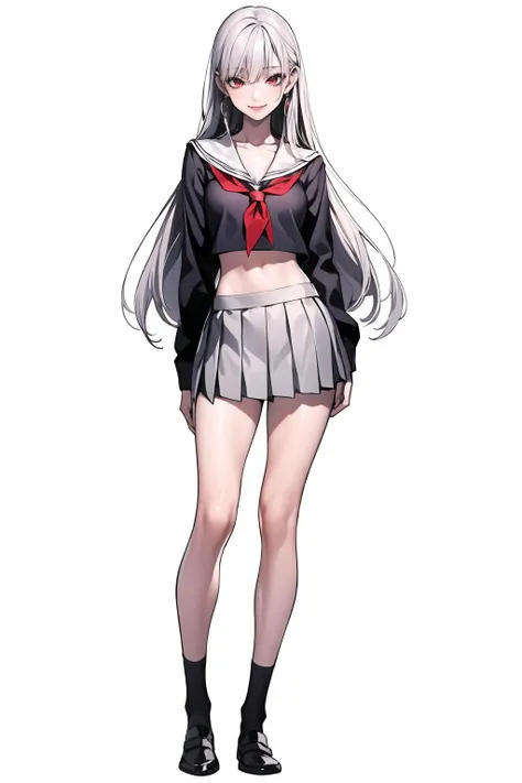 (masterpiece, best quality), 1girl, solo, model posture, platinum hair, long hair, bangs, earrings, looking at viewer, collarbone, red eyes, smile, small breasts, sharp eyes, fullbody
(school uniform), crop top, pleated miniskirt, thong string, chocker, white background, standing