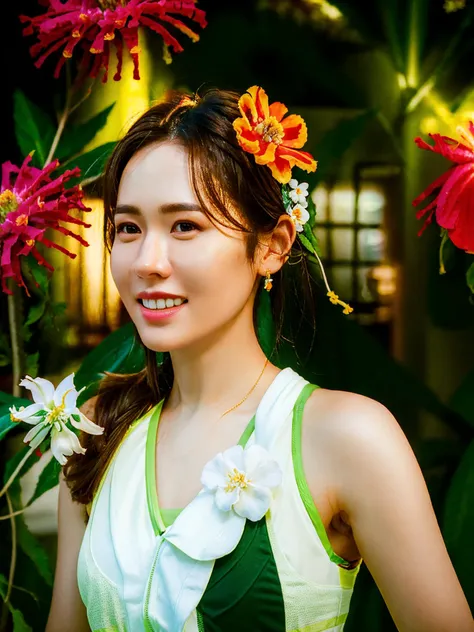 syjin, gym clothes, gym wear, (flower in hair:1.4), smile, (8k, RAW photo, best quality, masterpiece:1.2), (realistic, photo-realistic:1.37), professional lighting, photon mapping, radiosity, physically-based rendering, octane render <lora:syjin (1):1>