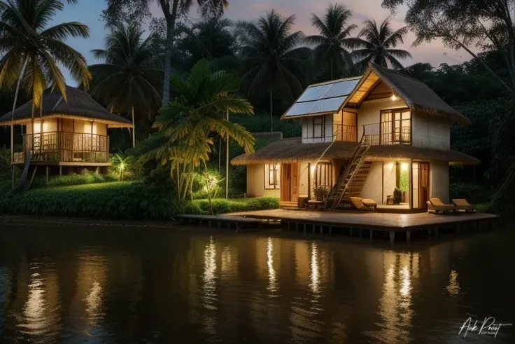 outdoortropicalhouse little house on riverside, path wooden, garden, rice field, gold fish, coconut tree, solar panel, dawn, chicken, tomato, tropical, dim light, <lora:ARWOutdoorTropicalHouse:1>